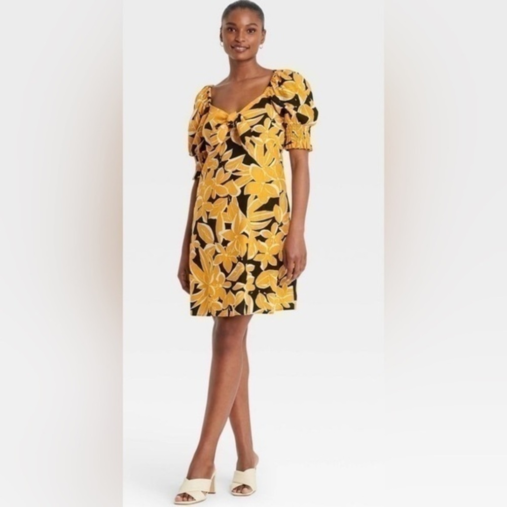Who What Wear Linen Blend Yellow Floral Black Mini Dress Low Cut Tie Front XXL